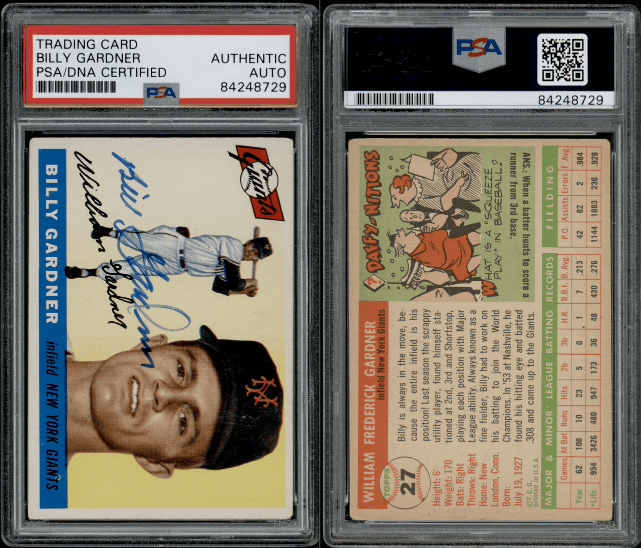 1955 Topps Billy Gardner #27 PSA Authentic Auto front and back of card